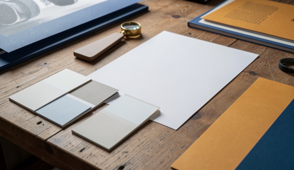 Printed reference sheets, paper swatches and a production loupe on an editorial desk