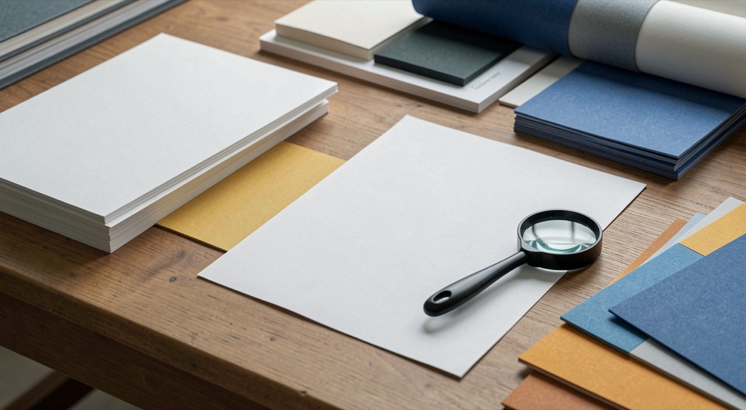 A dated printroom notebook beside colour swatches and a proof sheet